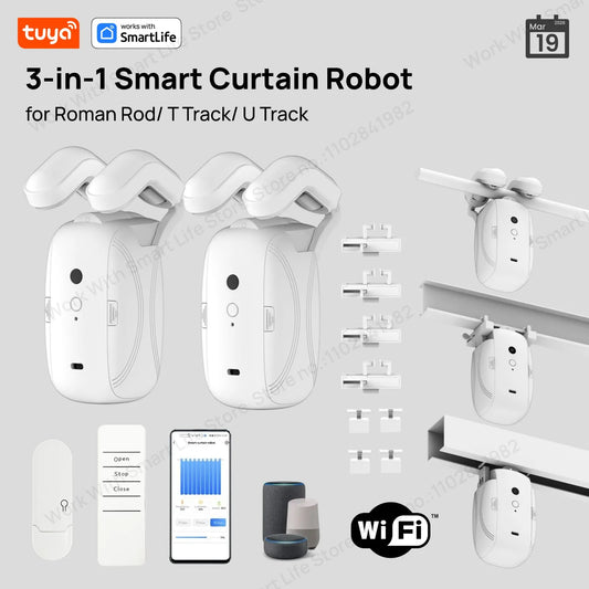 Tuya Smart Curtain Robot Motor 3-in-1 Tuya APP/Remote control Timed switch, Pull-to-start For Roman T U Tracks by Sertex