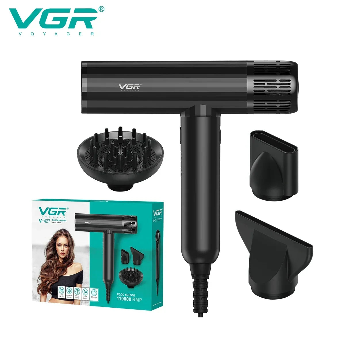 VGR Hair Dryer Professional Air Blower Brushless Motor Hair Dryer Machine 110000 RPM Hair Dryer Negative Ion Barber Salon V-427 Sertex