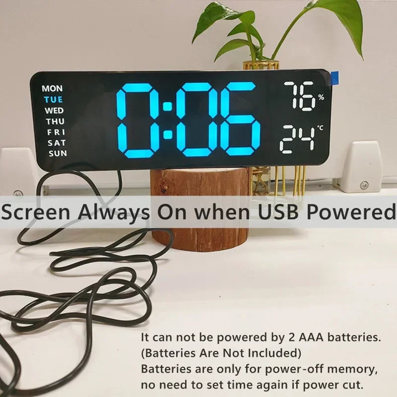 9 Inch Large Digital Wall Clock USB Powered TEMP Humidity Week Auto Dimmer DST Table Clock 12/24H Electronic LED Alarm Clock Sertex