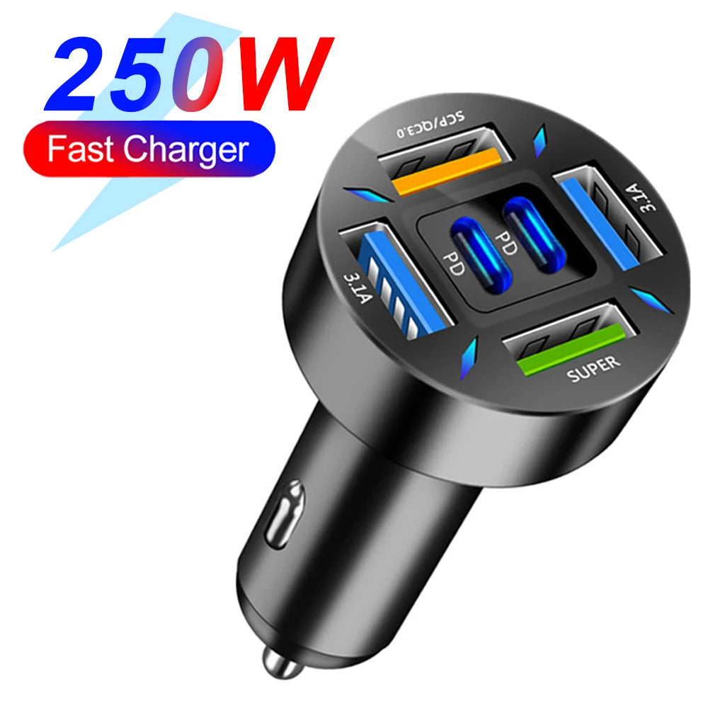 66-250W PD Car Charger QC3.0 Fast Charge One to Six Car Cigarette Lighter Plug Car Charger Flash Charge with Digital Display Sertex