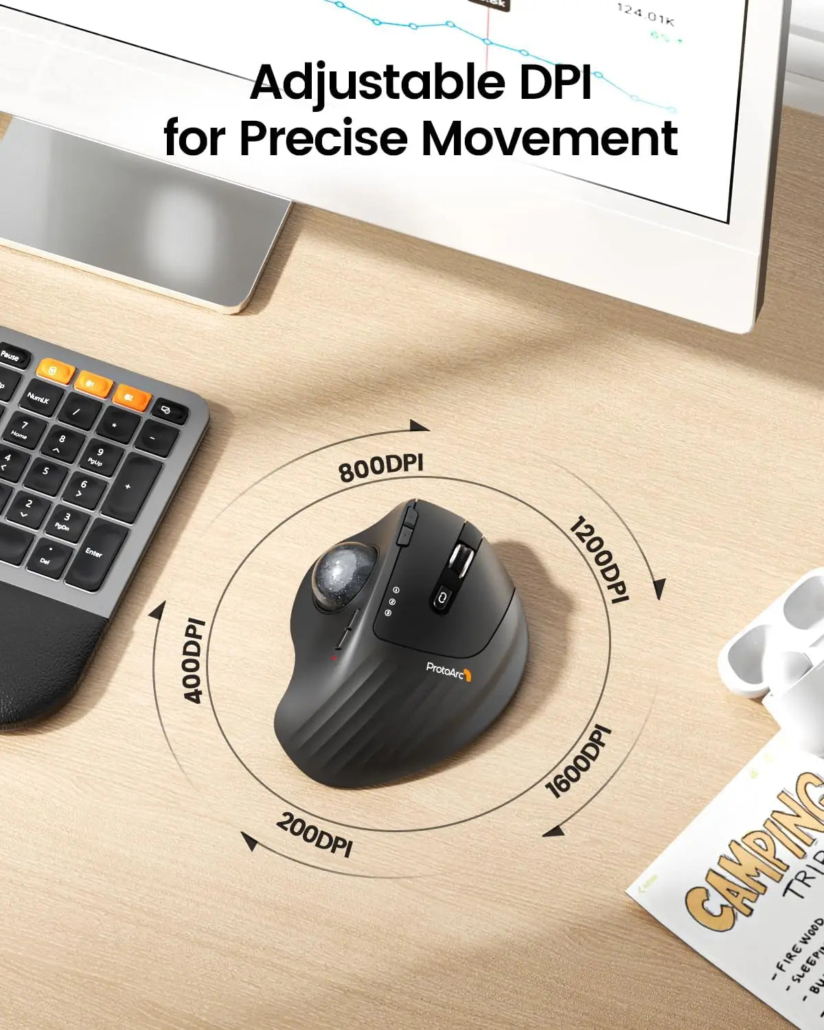 ProtoArc EM01 NL Trackball Mouse Wireless 2.4G Bluetooth Ergonomic Mouse Rechargeable Rollerball Mice for Laptop PC iPad Mac Sertex
