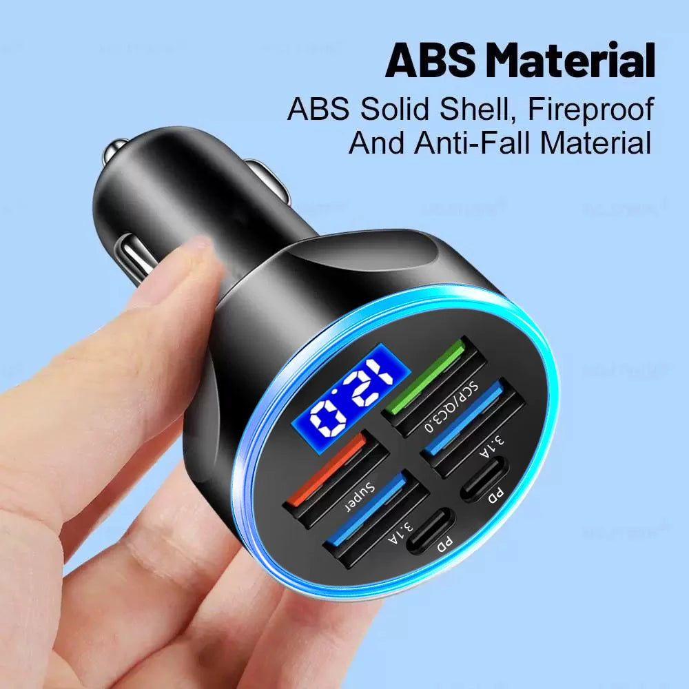 66-250W PD Car Charger QC3.0 Fast Charge One to Six Car Cigarette Lighter Plug Car Charger Flash Charge with Digital Display Sertex