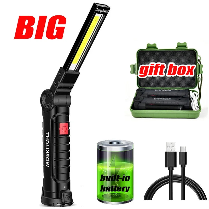 COB LED Work Light Dimmable USB Rechargeable LED Flashlight Inspection Lamp With Magnetic Hook Power Bank 18650 Battery Torch Sertex