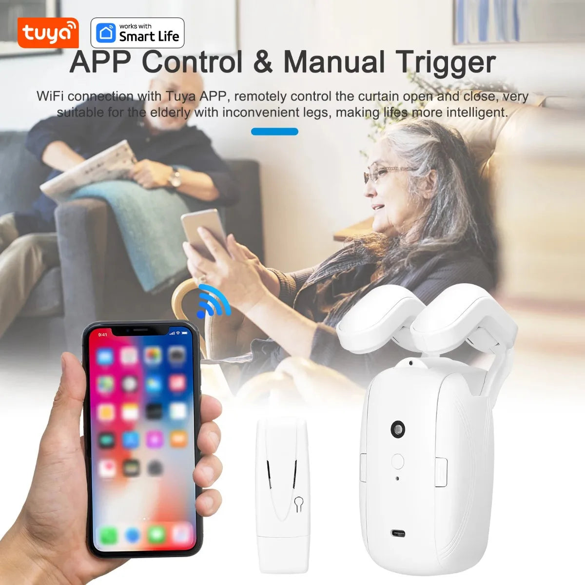 Tuya Smart Curtain Robot Motor 3-in-1 Tuya APP/Remote control Timed switch, Pull-to-start For Roman T U Tracks by Sertex