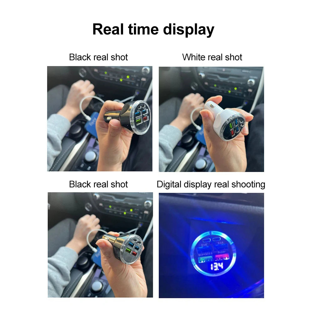 66-250W PD Car Charger QC3.0 Fast Charge One to Six Car Cigarette Lighter Plug Car Charger Flash Charge with Digital Display Sertex