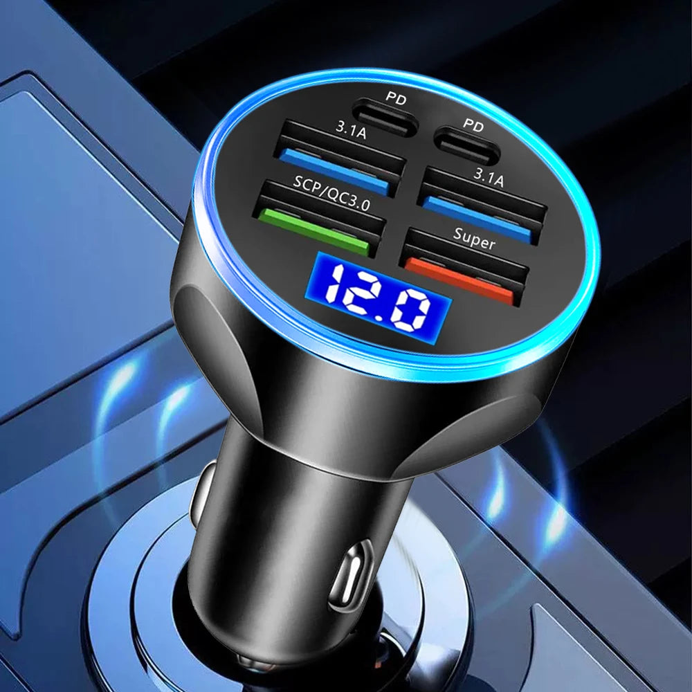 66-250W PD Car Charger QC3.0 Fast Charge One to Six Car Cigarette Lighter Plug Car Charger Flash Charge with Digital Display Sertex
