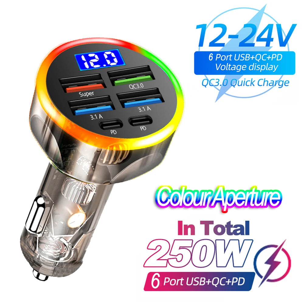 66-250W PD Car Charger QC3.0 Fast Charge One to Six Car Cigarette Lighter Plug Car Charger Flash Charge with Digital Display Sertex