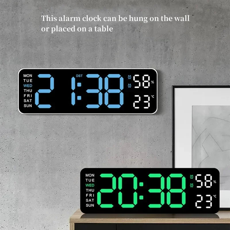 9 Inch Large Digital Wall Clock USB Powered TEMP Humidity Week Auto Dimmer DST Table Clock 12/24H Electronic LED Alarm Clock Sertex