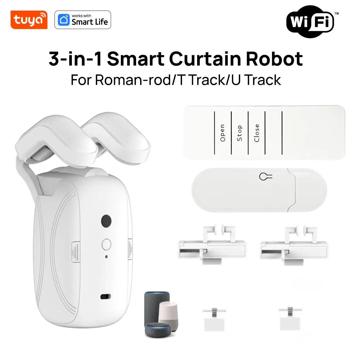 Tuya Smart Curtain Robot Motor 3-in-1 Tuya APP/Remote control Timed switch, Pull-to-start For Roman T U Tracks by Sertex