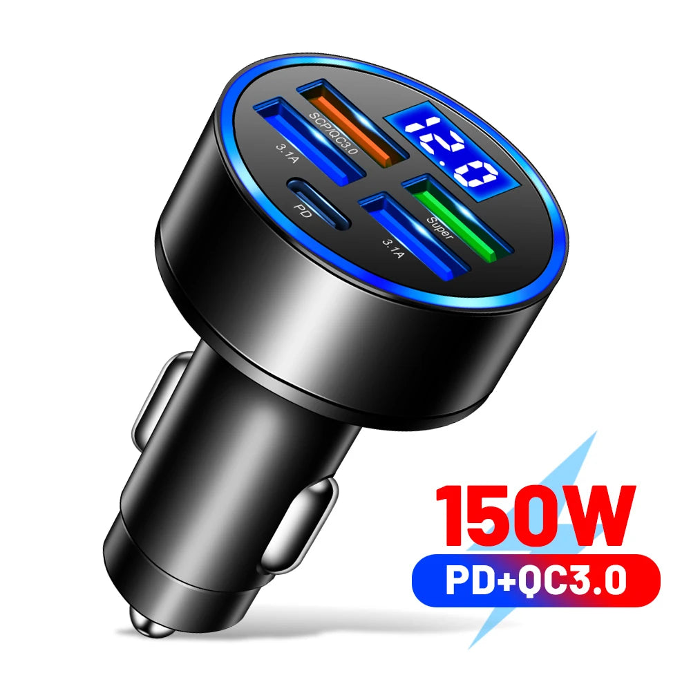 66-250W PD Car Charger QC3.0 Fast Charge One to Six Car Cigarette Lighter Plug Car Charger Flash Charge with Digital Display Sertex