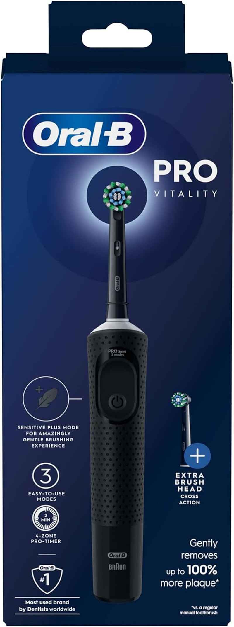 Vitality Pro Electric Toothbrushes for Adults, for Him/Her, 1 Handle, 2 Toothbrush Heads, 3 Brushing Modes Including Sensitive Plus, 2 Pin UK Plug, Black (Packing May Vary)
