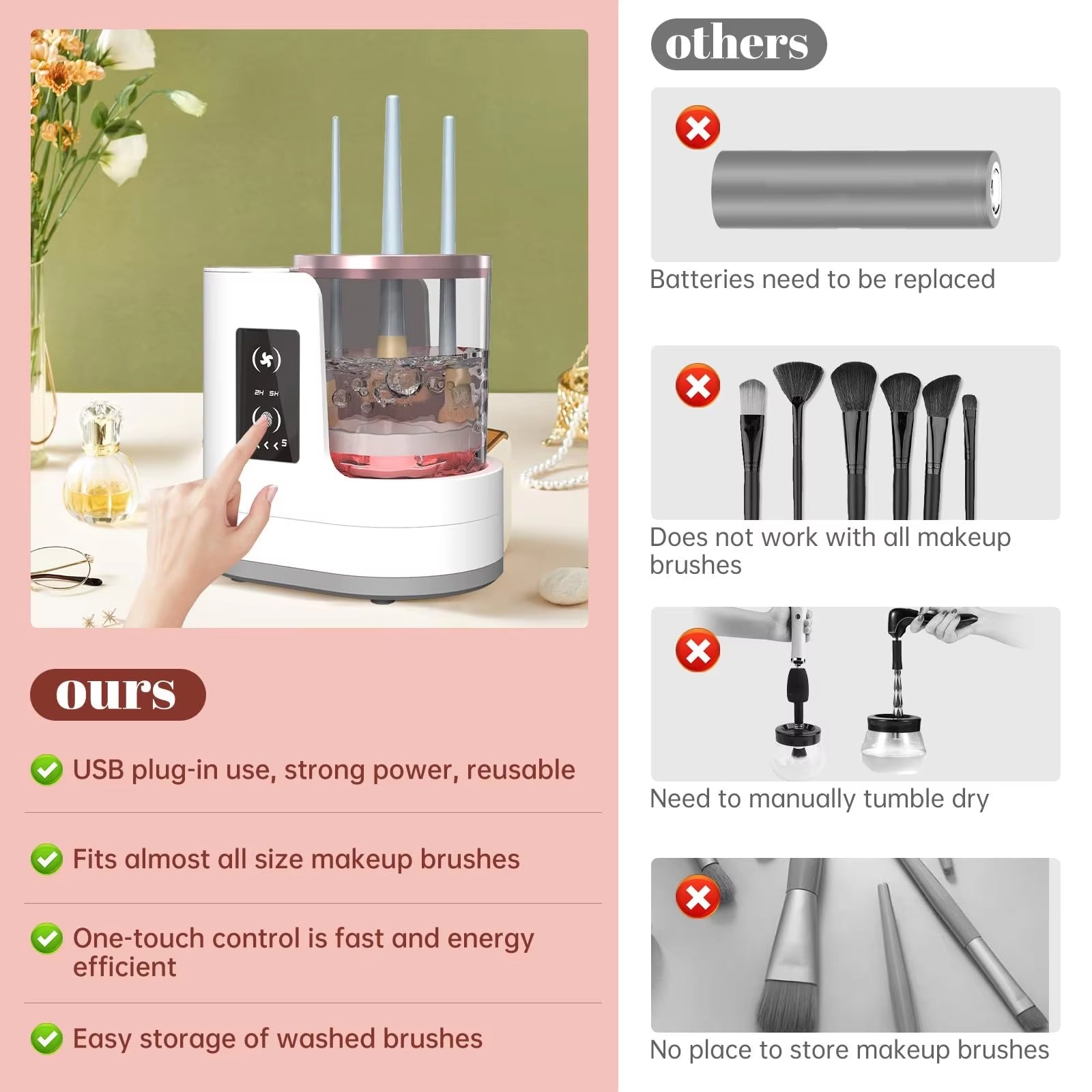 3 in 1 Electric Makeup Brush Cleaner Machine with Makeup Brush Dryer-Holder-Portable Automatic USB Cosmetic Brushes Cleaner Tool