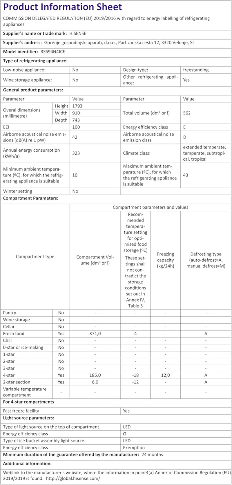 RS694N4ICF Freestanding American Side-By-Side Fridge Freezer - Total No Frost - Plumbed Water and Ice Dispenser - 562 Liters - Stainless Steel - F Rated