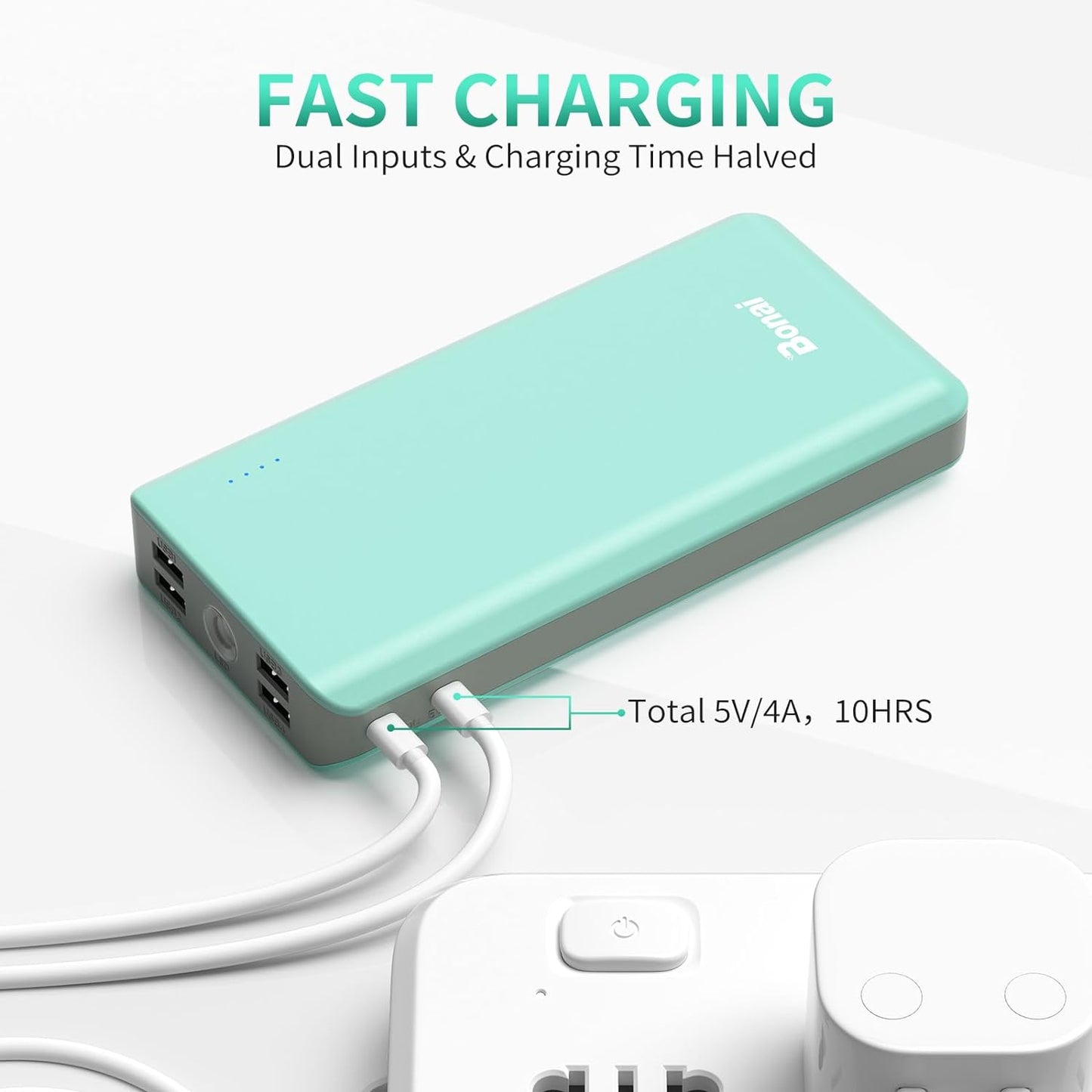Portable Charger, 30000Mah Capacity External Battery Pack with Flashlight & 4-USB Outputs & Dual Inputs & 2 8-Pin Cables, Power Bank Fast Charging for Iphone Android Phone Ipad Etc-Green