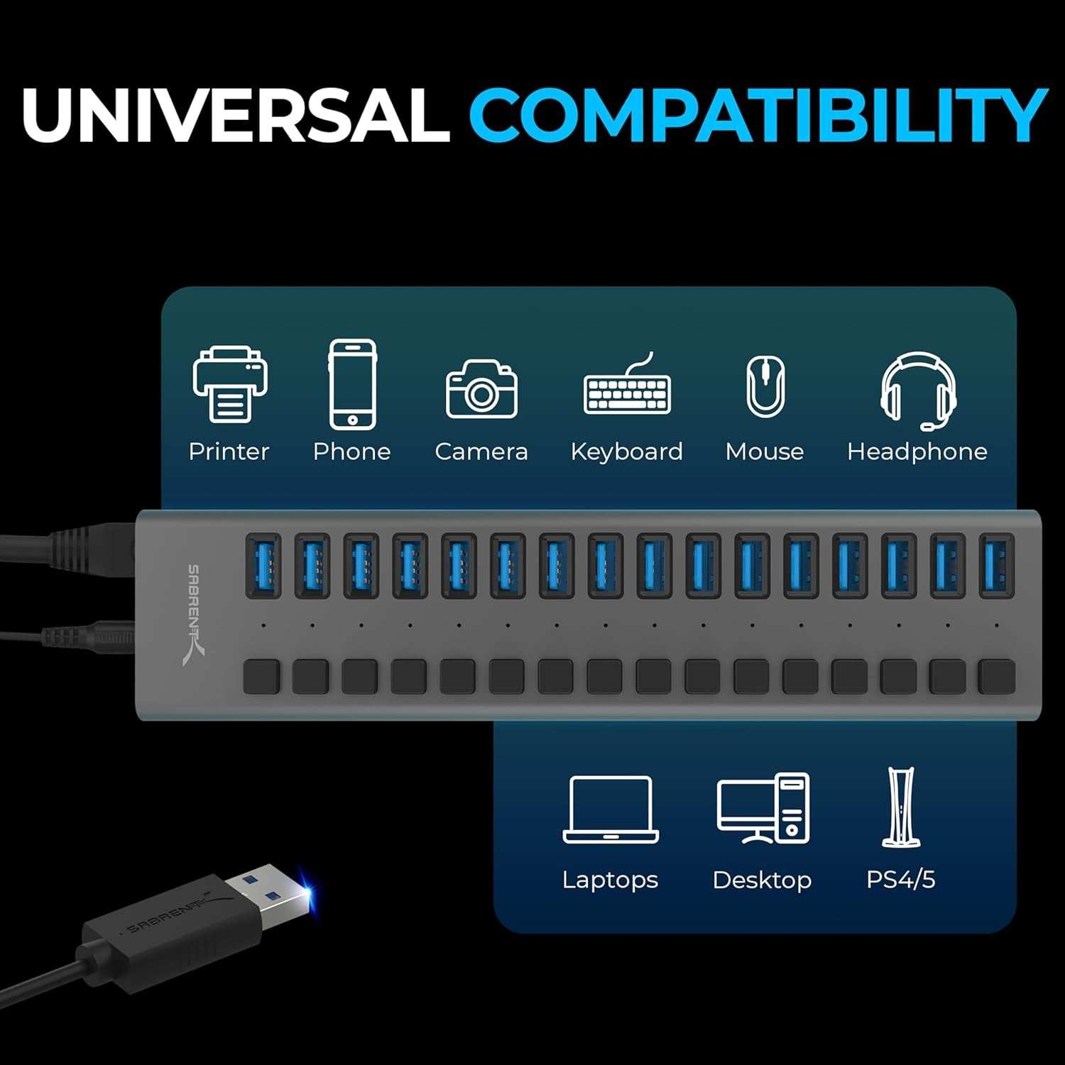 16-Port USB 3.2 Powered Docking Station with Individual Switches and LEDs, 90W Multi-Device Fast Data Transfer and Charging Hub, Includes Mounting Bracket (HB-PU16)