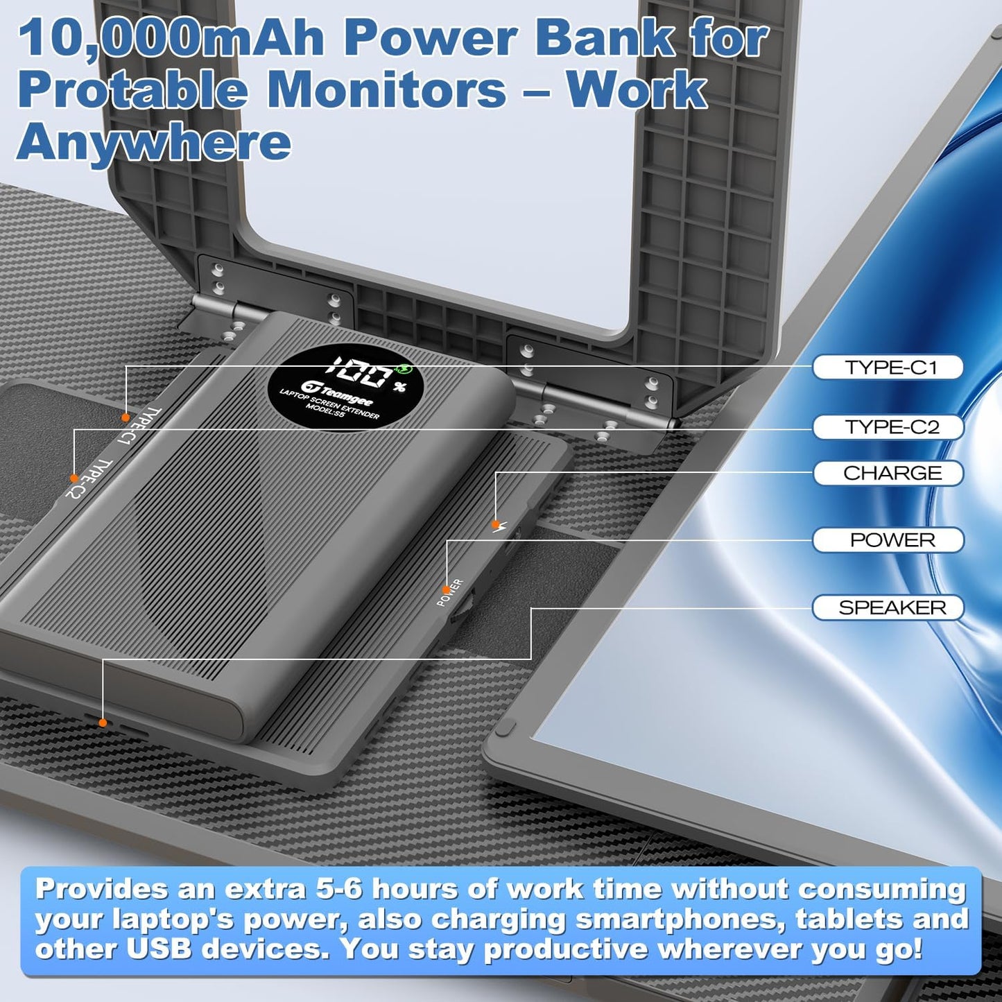 Laptop Screen Extender with 10000Mah Power Bank, 15.6" 1080P FHD IPS Portable Monitor for Laptop, Triple Display Work with 13.3" -17" PC Mac Windows Chrome