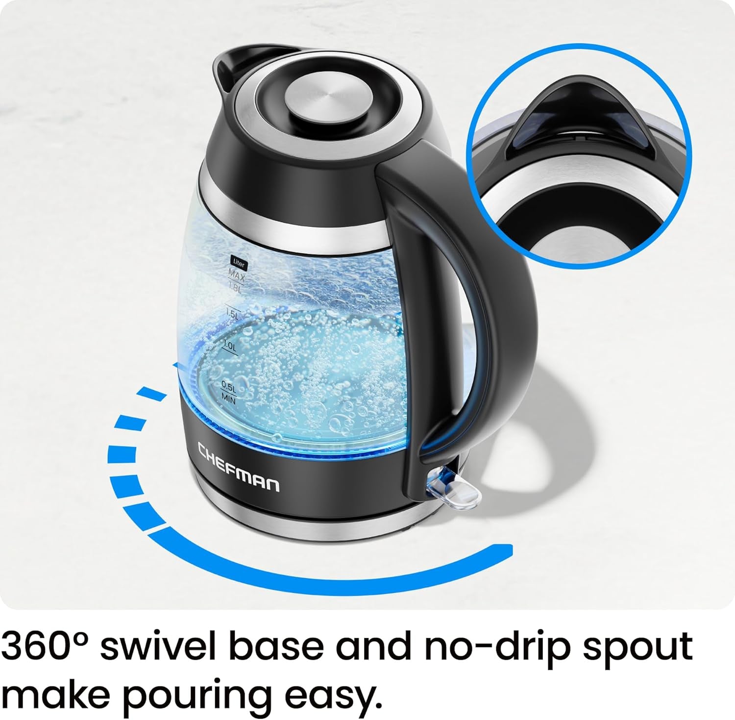 Electric Kettle, 1.8L 3000W, Hot Water Boiler, Removable Lid for Easy Cleaning, Auto Shut Off, Boil-Dry Protection, Stainless Steel Filter, BPA Free, Borosilicate Glass Electric Tea Kettle