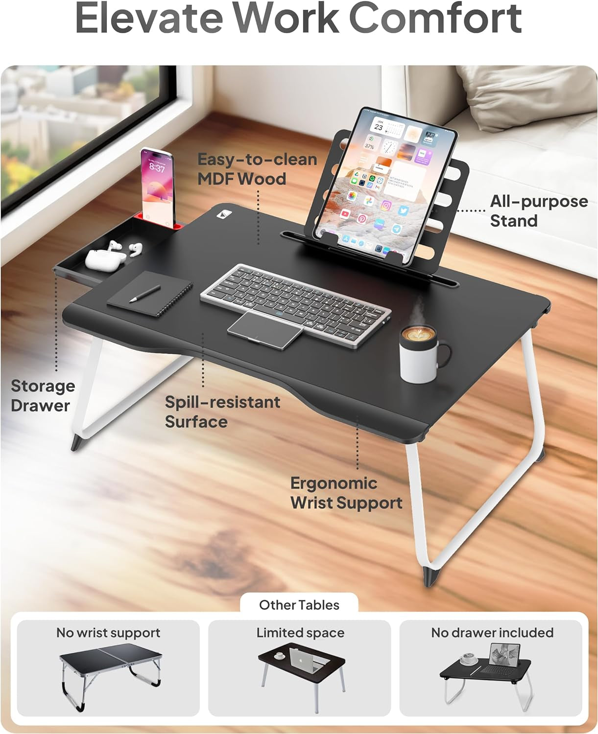 Cooper Mega Table plus [Premium XXL Extra Large] Laptop Lap Desk & Book Stand | Multifunctional, Foldable Bed Desk for Laptop and Writing | Portable Bed Table and Lap Tray (Black Onyx)