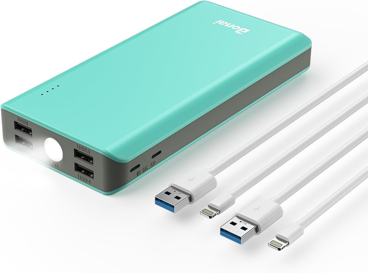 Portable Charger, 30000Mah Capacity External Battery Pack with Flashlight & 4-USB Outputs & Dual Inputs & 2 8-Pin Cables, Power Bank Fast Charging for Iphone Android Phone Ipad Etc-Green