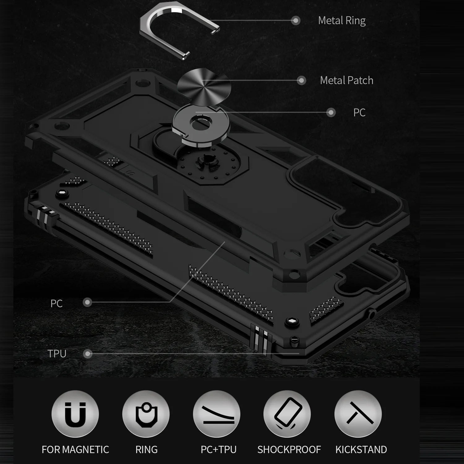 for Samsung Galaxy S22 plus Ring Case, Kickstand Rugged Phone Cover Magnetic Car Mount Compatible - Black