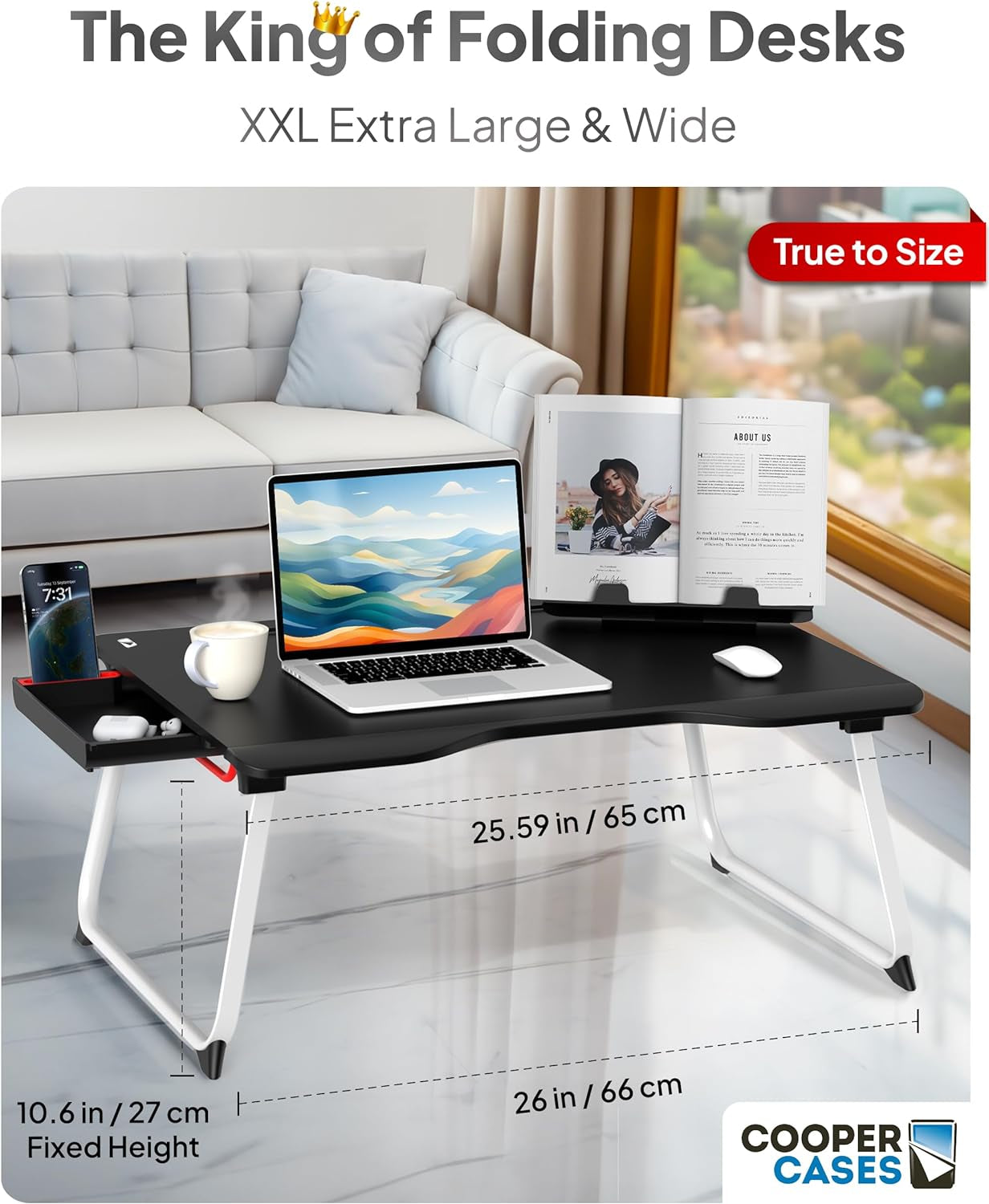 Cooper Mega Table plus [Premium XXL Extra Large] Laptop Lap Desk & Book Stand | Multifunctional, Foldable Bed Desk for Laptop and Writing | Portable Bed Table and Lap Tray (Black Onyx)