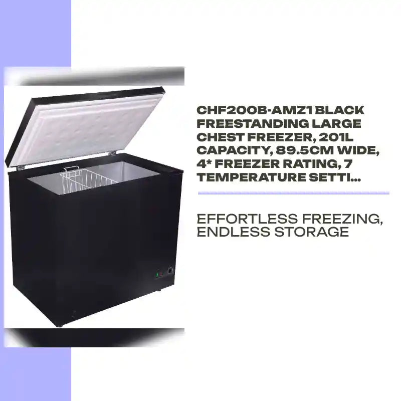 CHF200B-AMZ1 Black Freestanding Large Chest Freezer, 201L Capacity, 89.5Cm Wide, 4* Freezer Rating, 7 Temperature Settings, E Rated, 2 Years Parts and Labour Guarantee by@Outfy
